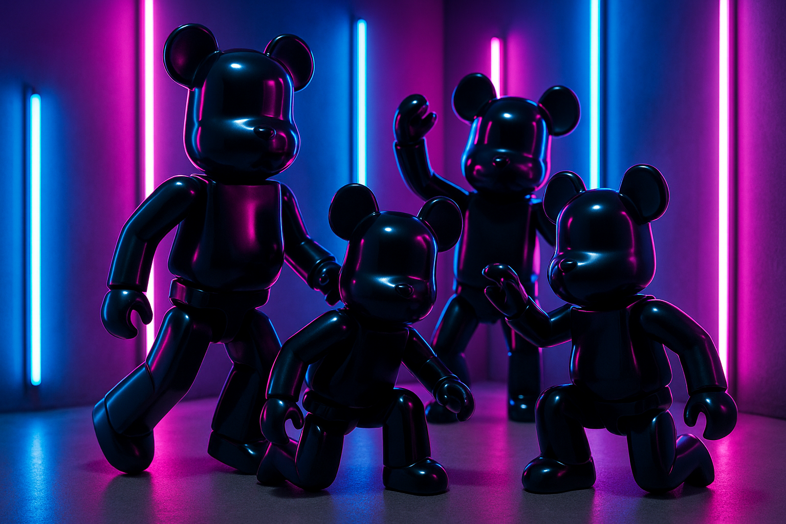 bearbricks juntos, con un diseño minimalista y exclusivos, que tengan buena pose y con neones alrededor, de ahi viene el nombre neoblockbear